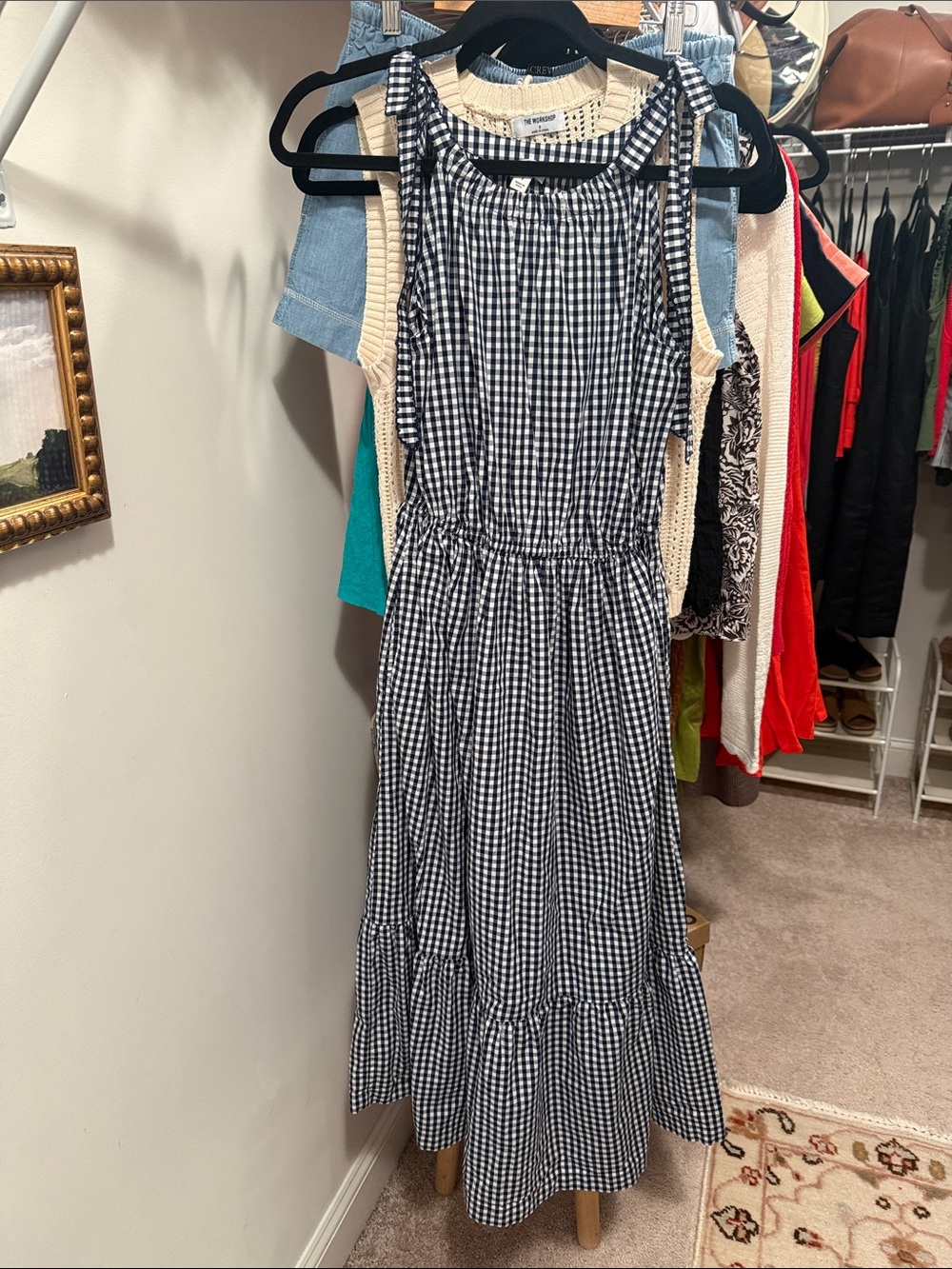 J. Crew 100% cotton navy & White Gingham Maxi Dress with Tiered Skirt